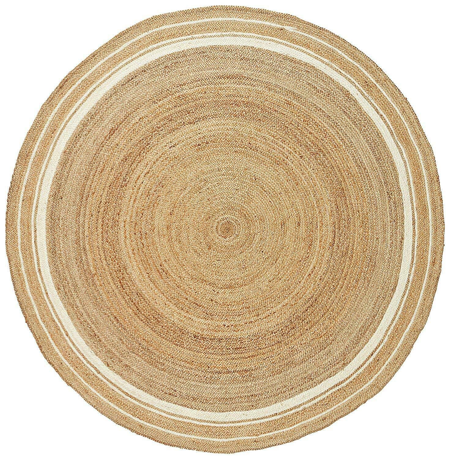 Vipanth Natural Jute Round Area Rug - 7ft Hand Braided Beige with White Line - Eco-Friendly Home Decor for Living Room, Bedroom & Boho Style Spaces