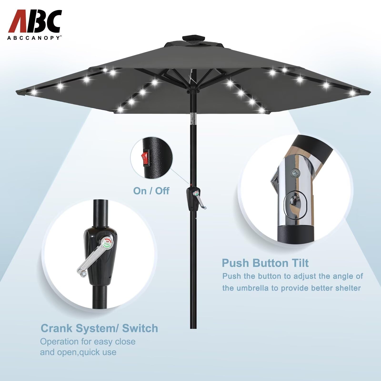 Durable 7.5FT Solar LED Patio Umbrella with 24 Lights - Dark Gray | Weather-Resistant Outdoor Shade for Poolside, Garden & Backyard Relaxation