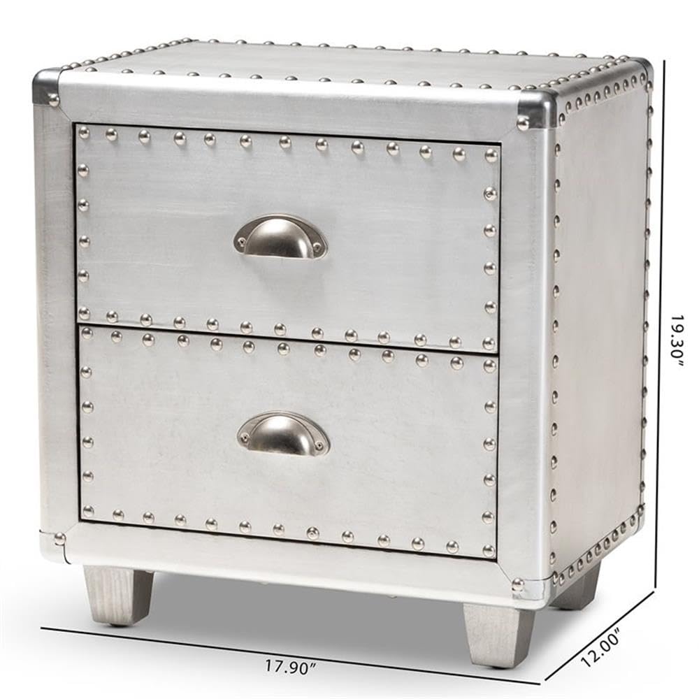 BOWERY HILL Modern 2-Drawer Silver Metal Nightstand - Sleek Bedside Table for Bedroom, Living Room & Office Storage