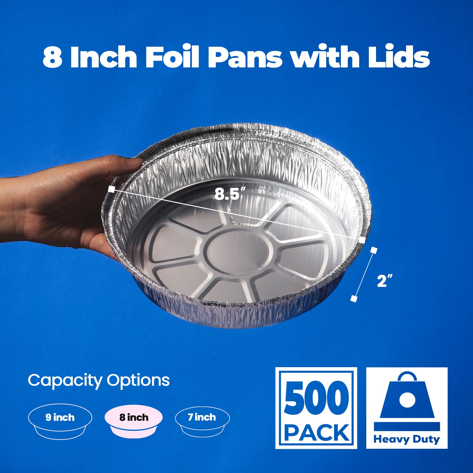 500 Pack 8 Inch Round Aluminum Foil Pans - 37 Oz Disposable Pie Tins & Takeout Containers - Heavy Duty Cake Pans for Baking Pies, Cakes, Cookies & Cheesecakes - Perfect for Meal Prep, Parties & Catering