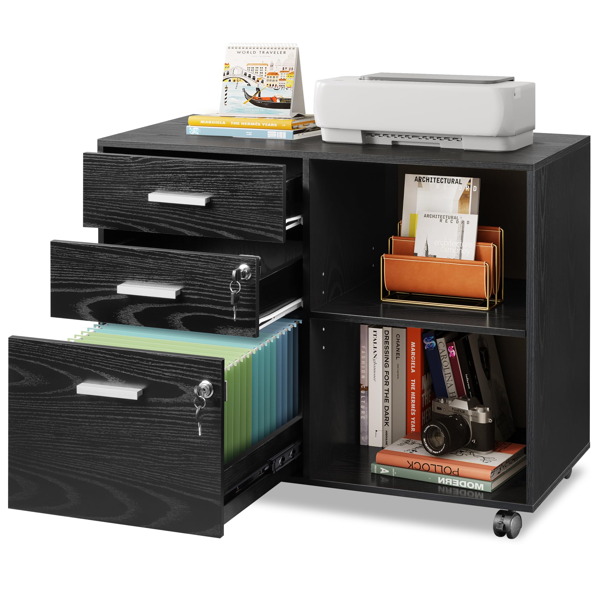 DEVAISE 3-Drawer Wood File Cabinet with Lock - Mobile Lateral Filing Cabinet & Printer Stand with Open Storage Shelves for Home Office - Black - Perfect for Organizing Documents, Office Supplies & Printer in Small Spaces