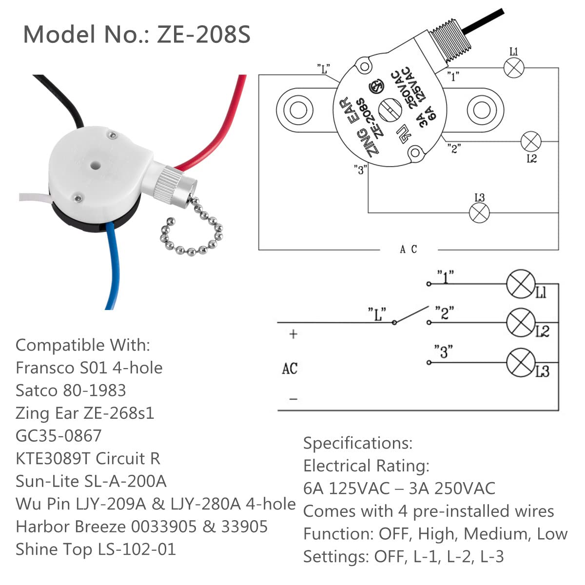 Zing Ear ZE-208S 3-Speed 4-Wire Ceiling Fan Switch with Pull Chain - Black Bronze Speed Control for Fans, Wall Lamps & Cabinet Lights | Perfect for Home, Office and Commercial Use