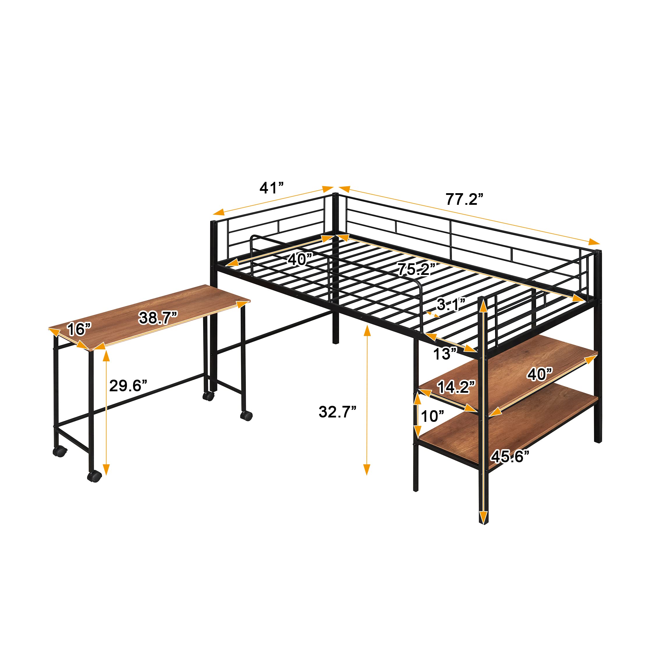Twin Metal Bunk Bed with Rolling Desk & Ladder - Space Saving Loft Bed for Kids & Teens with 2 Shelves - Perfect for Small Bedrooms, Dorms & Shared Kids Rooms