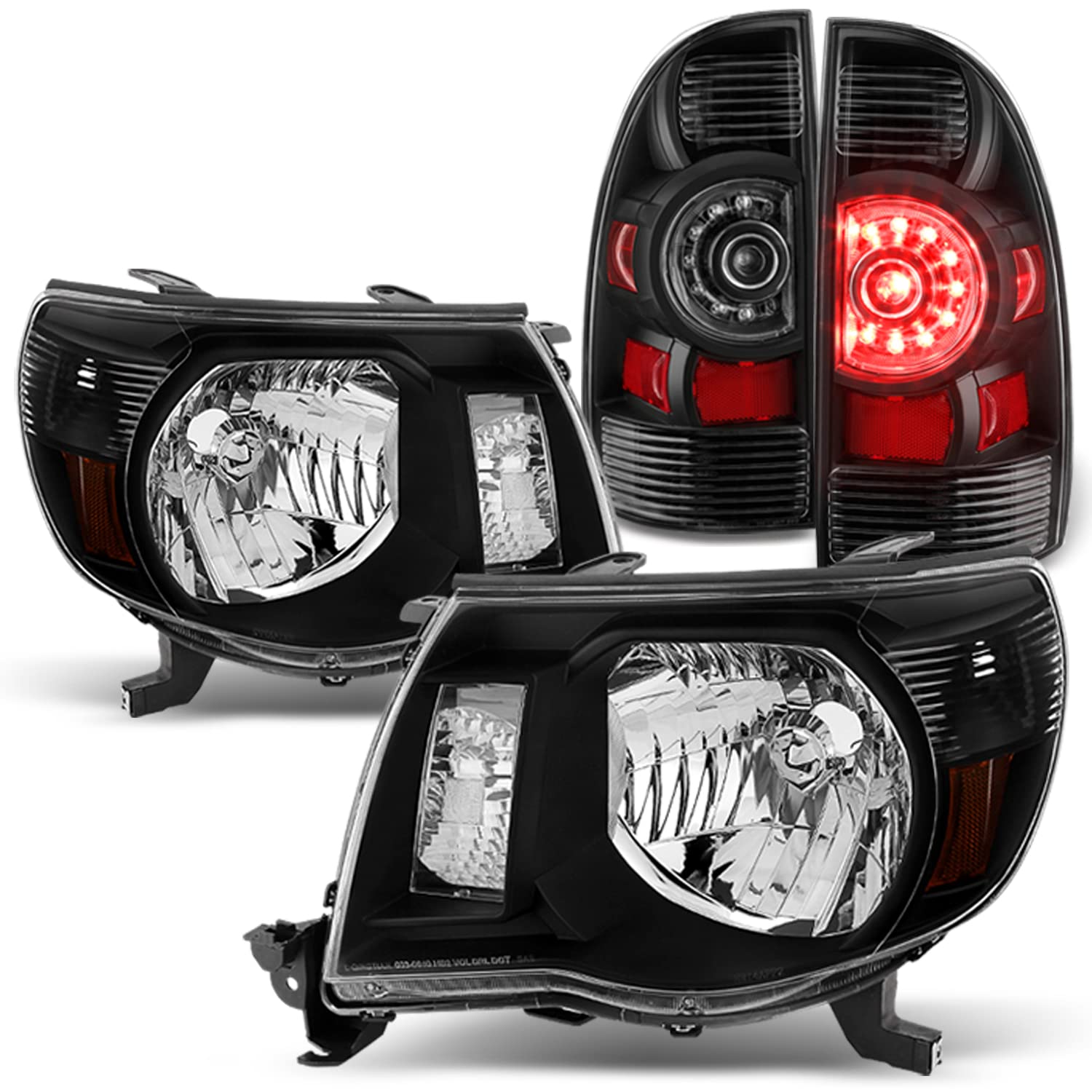 AKKON Black Headlights & LED Tail Lights Brake Lamp Pair for 2005-2011 Toyota Tacoma Pickup Truck - Durable Replacement for Enhanced Night Visibility & Style Upgrade