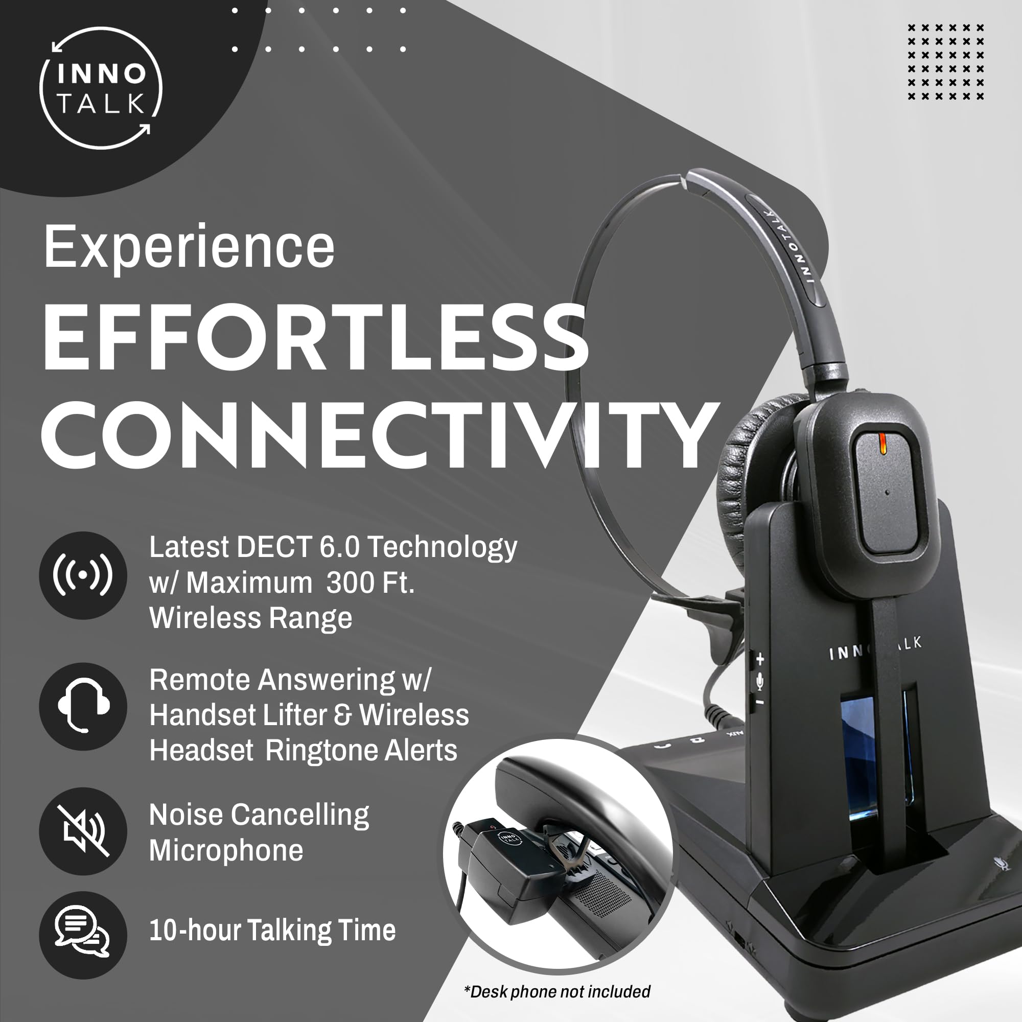 INNOTALK Wireless Headset for Office Desk Phone - Remote Hook Switch, 300ft Range, 10-Hour Battery Life (Explorer Model) - Perfect for Call Centers, Remote Work & Business Communications
