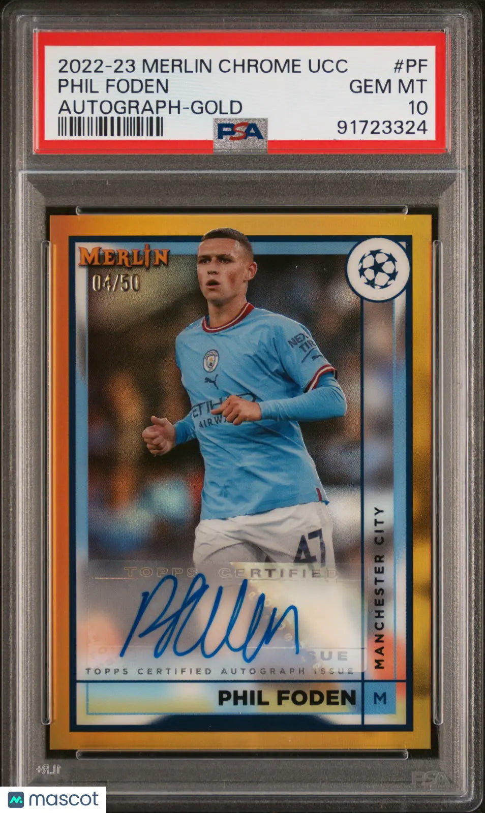 2022-23 Topps Merlin Chrome UEFA Champions League Phil Foden Gold Autograph PSA 10 /50 - Rare Soccer Trading Card for Collectors & Investors