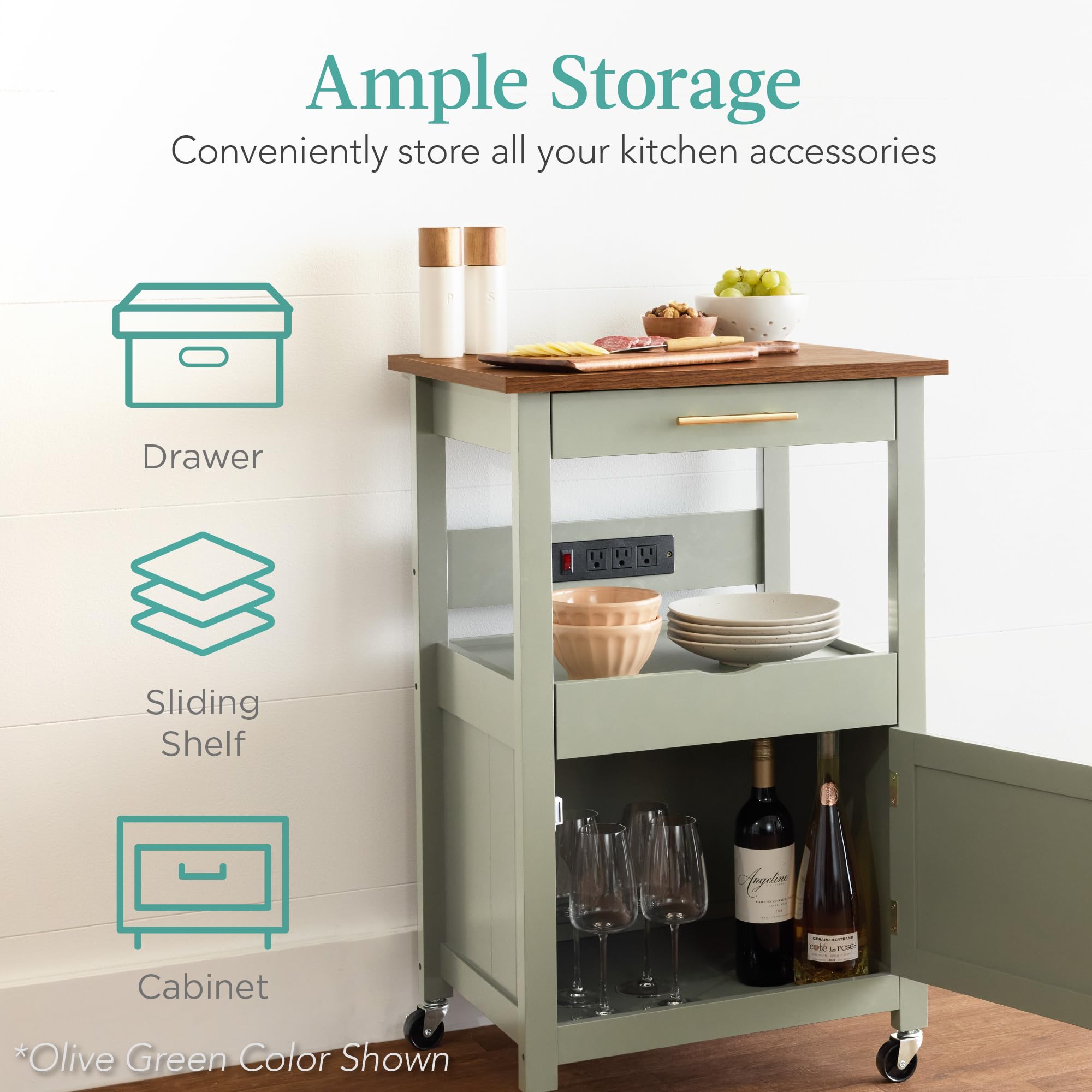 Best Choice Products Rolling Kitchen Island Cart with Single Door Cabinet, Drawer, Sliding Tray, Hidden Outlet & Lockable Wheels - White | Mobile Kitchen Storage for Small Spaces, Apartment Cooking & Entertaining