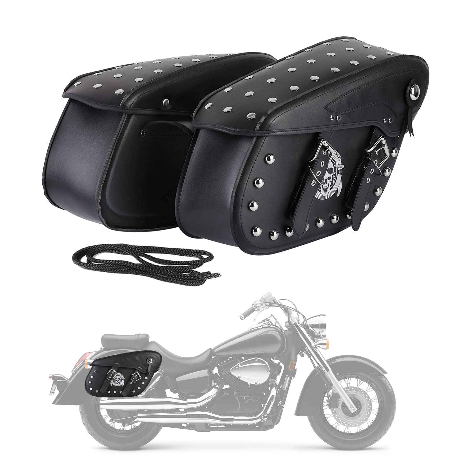 INNOGLOW Motorcycle Saddlebags - 2PCS Synthetic Leather Side Bags with Skull Pattern Rivets, Waterproof Tool Storage for Harley, Kawasaki, Suzuki Cruiser, Bobber & Chopper Bikes | Perfect for Road Trips & Daily Commuting