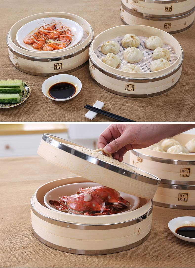 2 Tier Bamboo Steamer Basket 10 Inch - Asian Cooking Essential for Dumplings, Buns, Vegetables & Fish - Natural Bamboo Rice Steamer with Lid - Perfect for Dim Sum, Sushi, Healthy Meals & Meal Prep