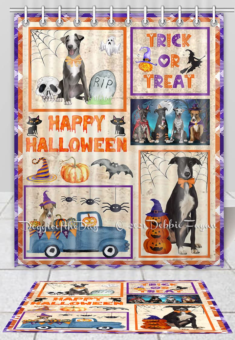 **Halloween Greyhound Dog Bath Mat & Shower Curtain Set - Non-Slip Bathroom Decor, Plush Rug & Polyester Bathtub Curtain with Hooks (Mat 16