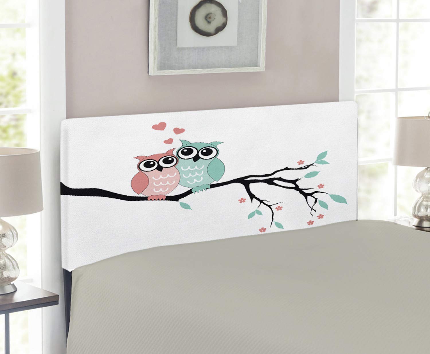 Ambesonne Twin Size Upholstered Headboard - Teal & White Owl Couple on Tree Branch Design, Valentine's Romance Themed Decorative Metal Bed Headboard with Memory Foam in Turquoise Coral Black | Perfect for Bedroom Decor, Valentine's Gift & Cozy Home Makeover