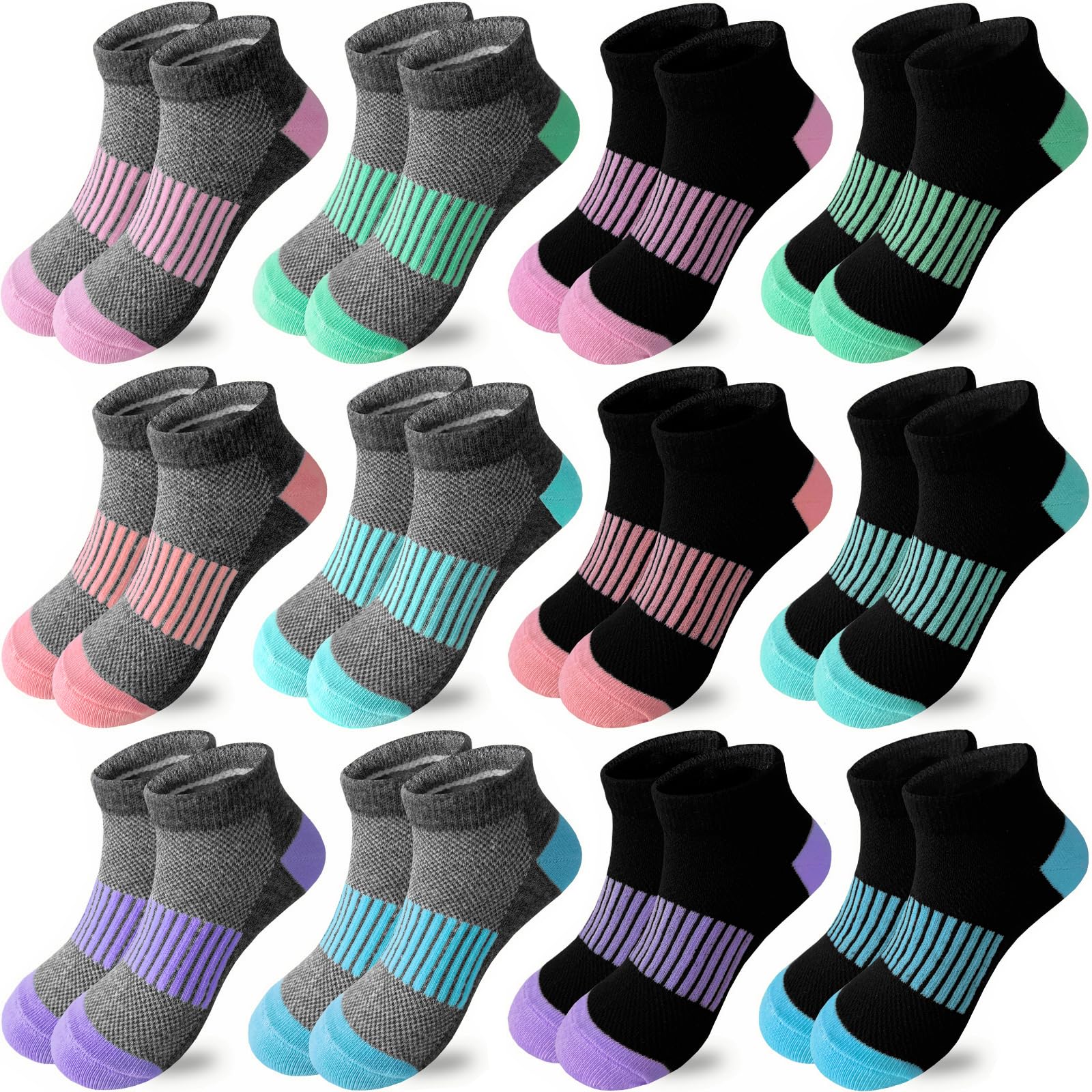 Bemeol 12 Pairs Girls Ankle Socks - Athletic Running Low Cut Socks for Kids - Perfect for School, Sports & Daily Wear