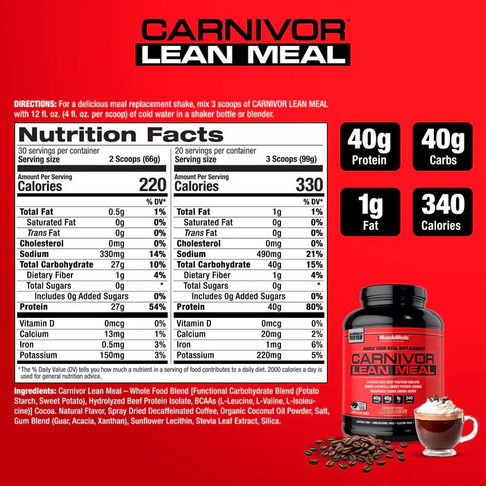 MuscleMeds CARNIVOR Lean Meal Protein Powder - Beef Protein Isolate for Muscle Growth & Recovery - Post Workout Shake for Athletes & Bodybuilders - High Protein Low Carb Meal Replacement