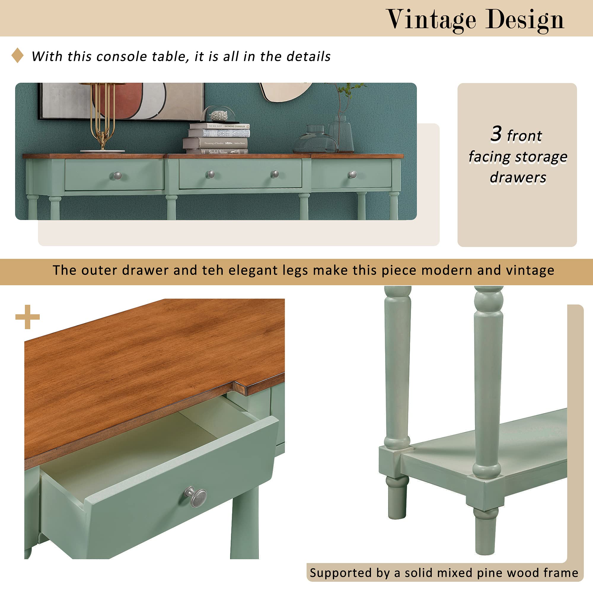 Solid Wood Console Table Sofa Table - Classic Entryway Table with Storage Shelf & Drawer for Living Room, Hallway, Bedroom - Narrow Accent Table Furniture in Green & Brown - Perfect for Small Spaces, Home Decor, and Entryway Organization