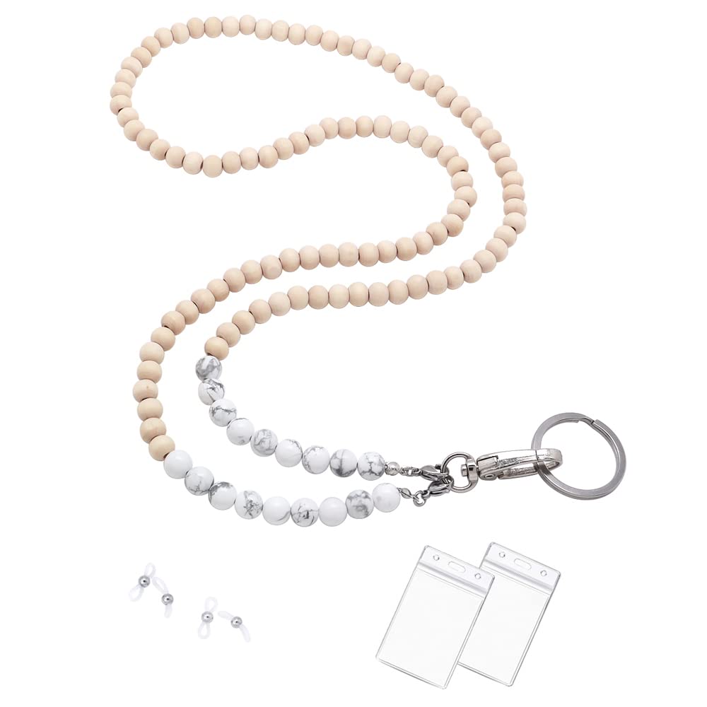 Beaded Wooden Lanyard for ID Badges & Keys - Natural Stone Necklace for Women - Office & Event Use