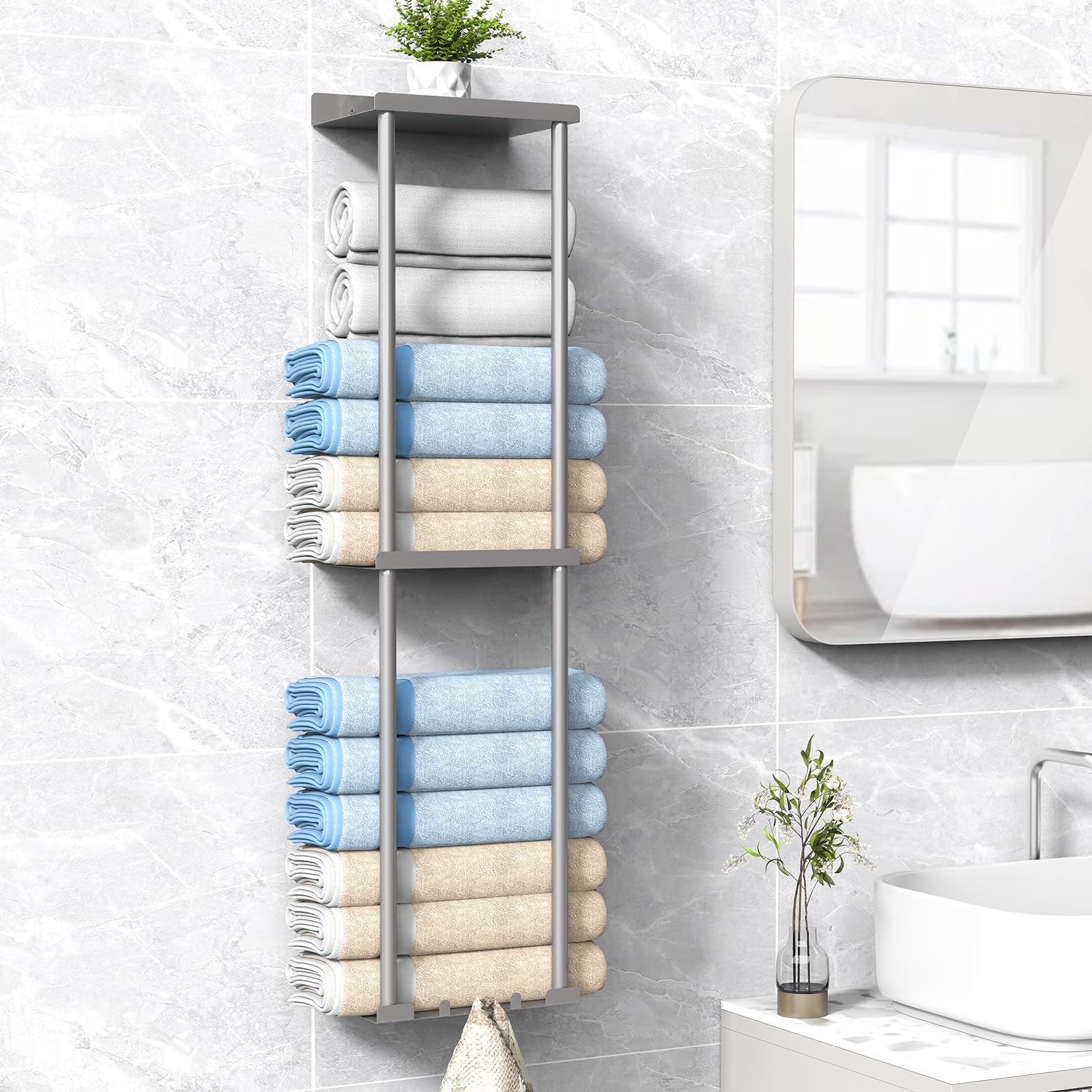 Vertical Wall Mounted Towel Rack Organizer with Shelf - Holds 6 Large Bath Towels, Space Saving Bathroom Storage in Silver Grey - Perfect for Small Bathrooms, Spa Rooms & Laundry Areas