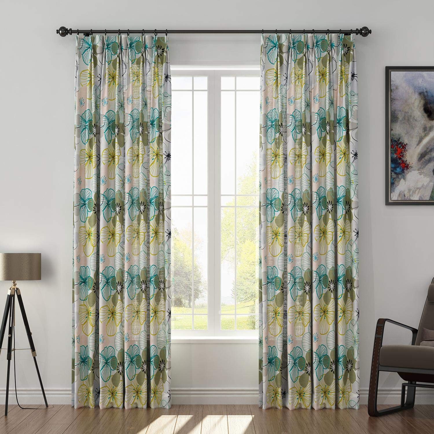 Floral Linen Blackout Curtains Extra Wide 150x96 Inches - Pinch Pleat Room Darkening Drapes for Living Room, Bedroom & Large Windows | Light Reducing, Black & Blue Floral Design (1 Panel)
