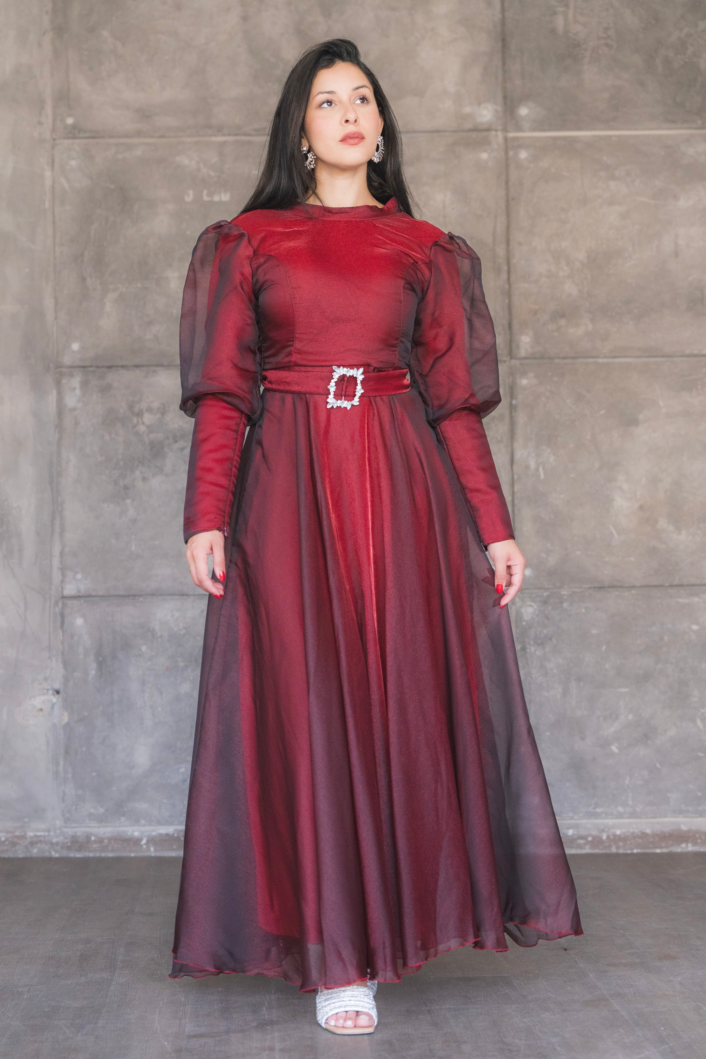 Elegant Organza Puff Sleeve Evening Gown with Crystal Belt - Perfect for Prom, Wedding, and Formal Events