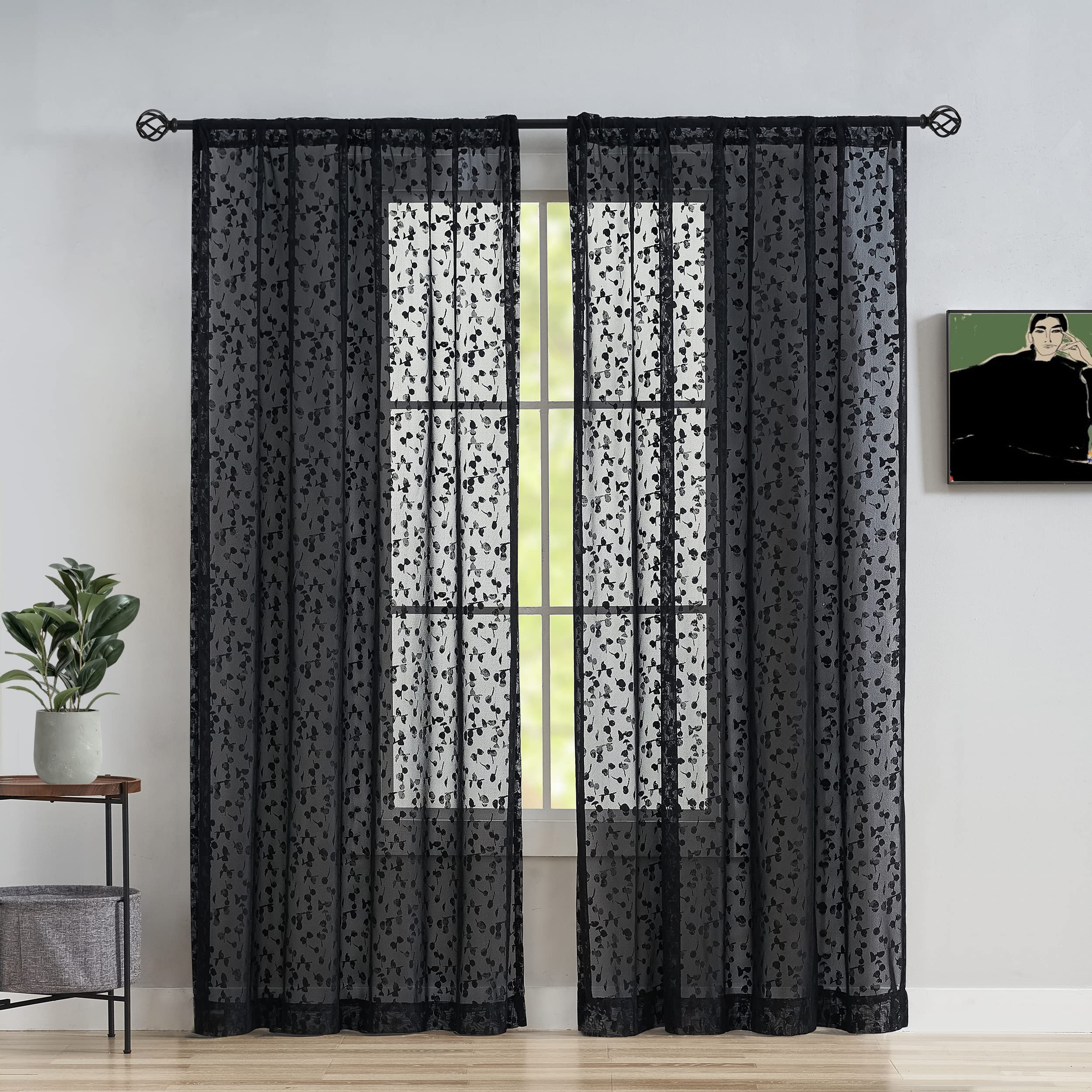 Jubilantex Black Lace Sheer Curtains with Leaf Buds Embroidery - 52