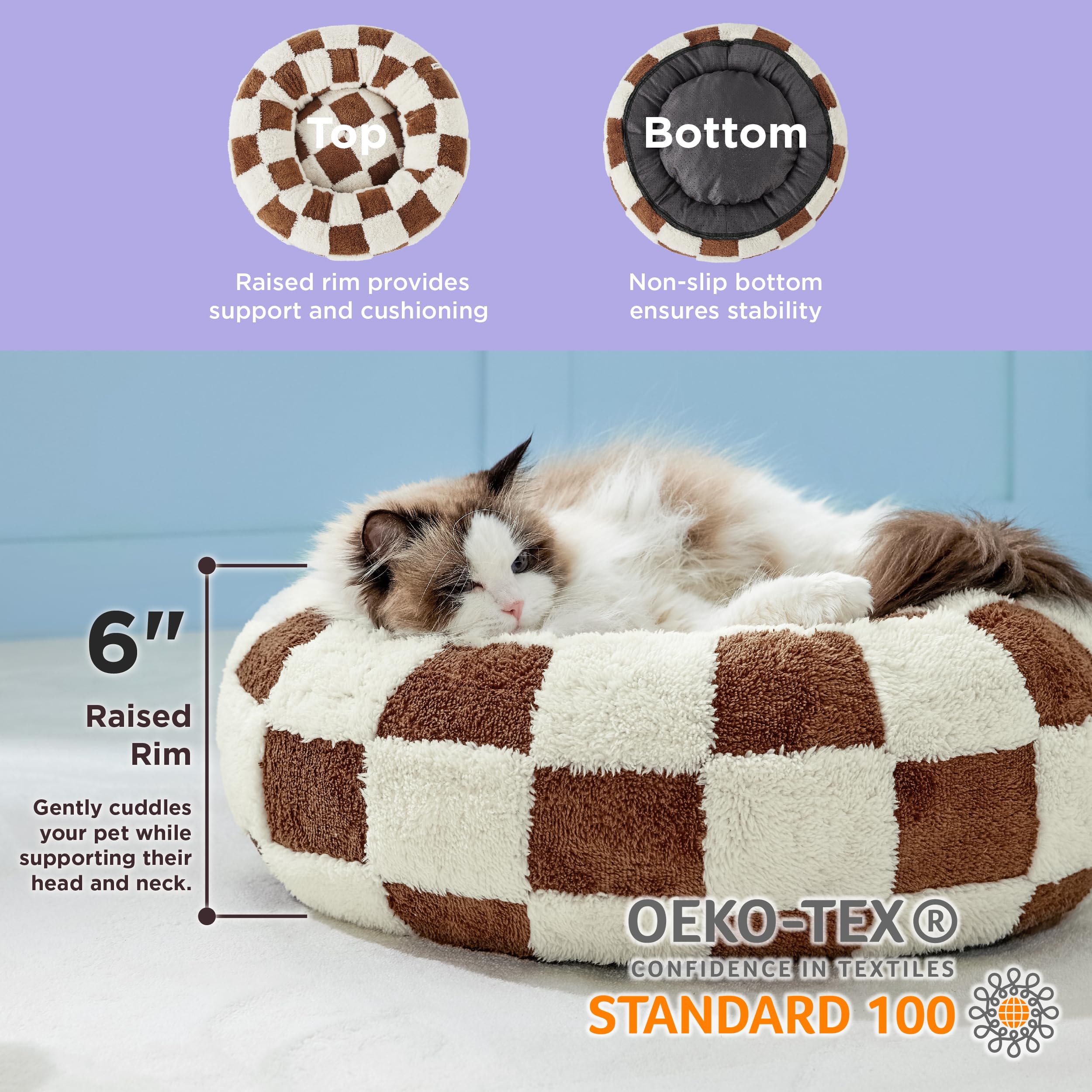 Cozy Round Donut Pet Bed for Small Dogs & Cats - Soft Teddy Sherpa Plush with Anti-Slip Bottom - Calming Anxiety Relief Bed for Indoor Pets - Perfect for Napping, Lounging & Stress Relief