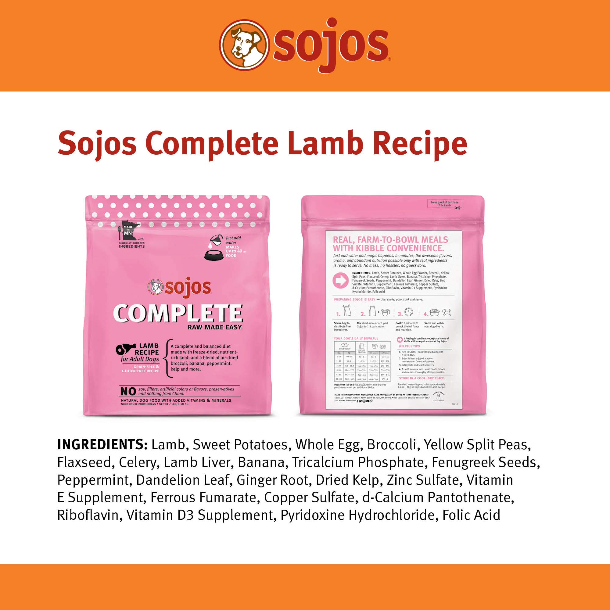 Sojos Complete Lamb Recipe Dehydrated Dog Food - Grain Free, Natural & Healthy 7 lb Bag for Small & Large Dogs - Perfect for Travel, Hiking & Outdoor Adventures