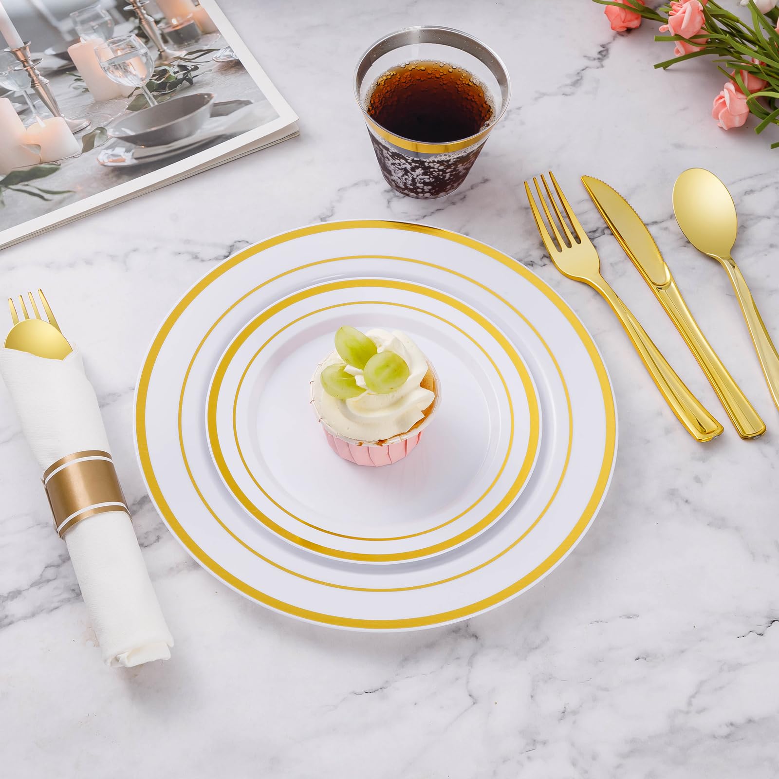 Goodluck 350-Piece Gold Plastic Dinnerware Set for 50 Guests - Elegant Disposable Plates, Cups & Silverware for Parties, Weddings & Events | Includes 50 Dinner Plates, 50 Dessert Plates, 50 Pre-Rolled Napkins & 50 Cups