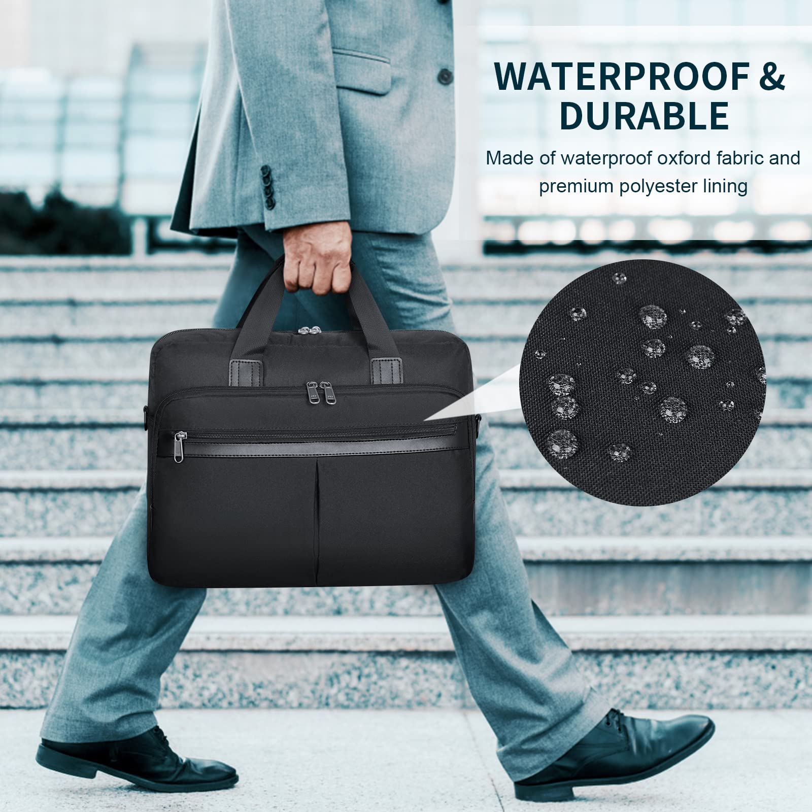 17 Inch Waterproof Laptop Briefcase for Men - Large Business Messenger Bag with USB Charging Port for Work, Travel & Commuting - Durable Computer Carrying Case (Black)