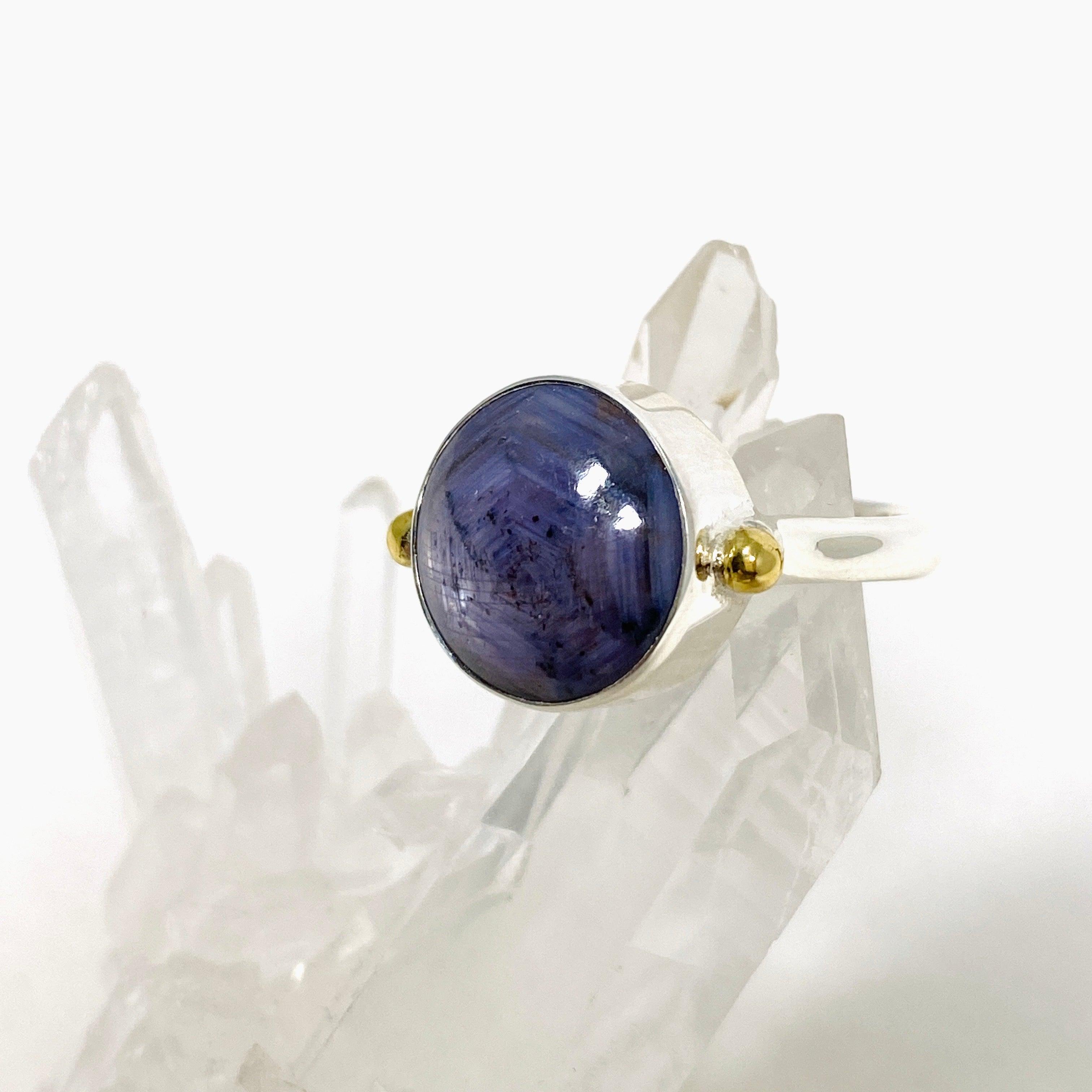 Elegant Sapphire Round Ring with Brass Accents - Size 9 KRGJ3179 | Perfect for Weddings, Anniversaries & Special Occasions