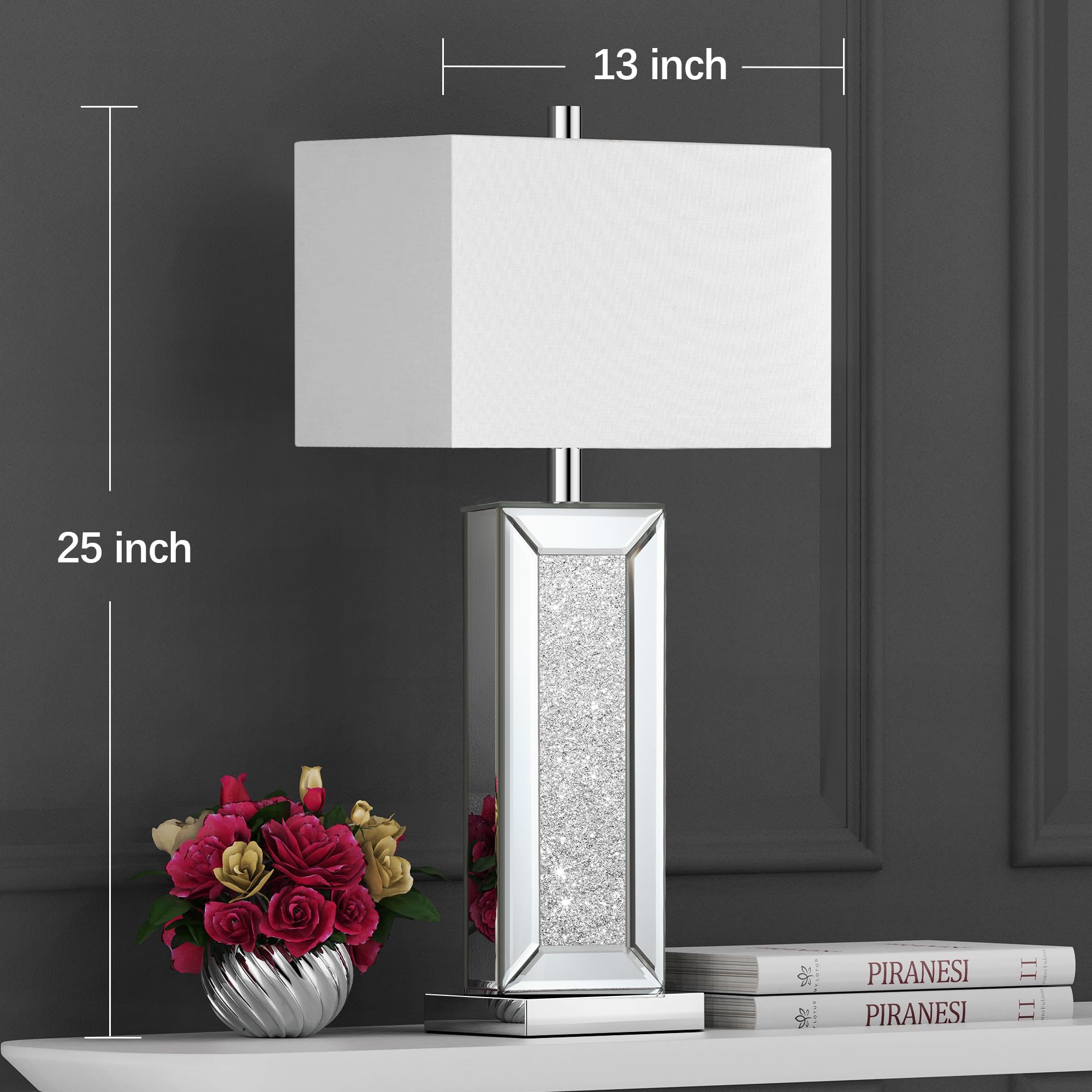 Modern Touch Control Table Lamp Set of 2 - Silver Mirror Diamond Crystal USB C/A Bedside Lamps, 3-Way Dimmable with White Fabric Shade for Living Room, Bedroom, Office & Nightstand Decor | Perfect for Reading, Relaxing & Ambient Lighting