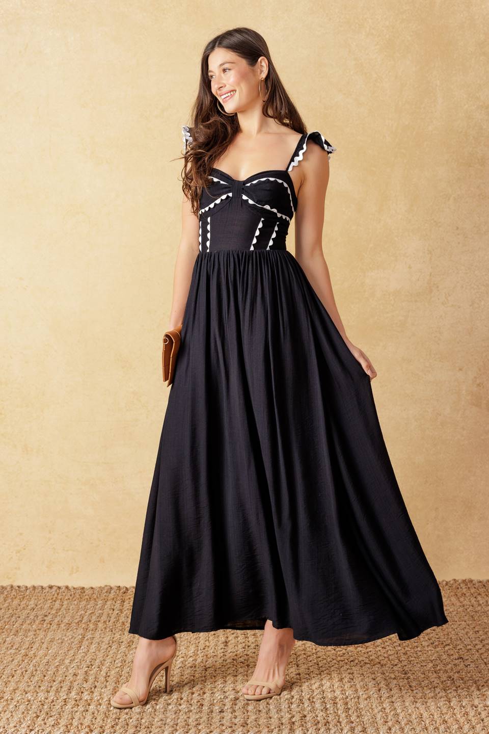 Stylish Black Woven Midi Dress for Women - Elegant A-Line Flowy Summer Dress for Casual Outings, Date Nights & Office Wear