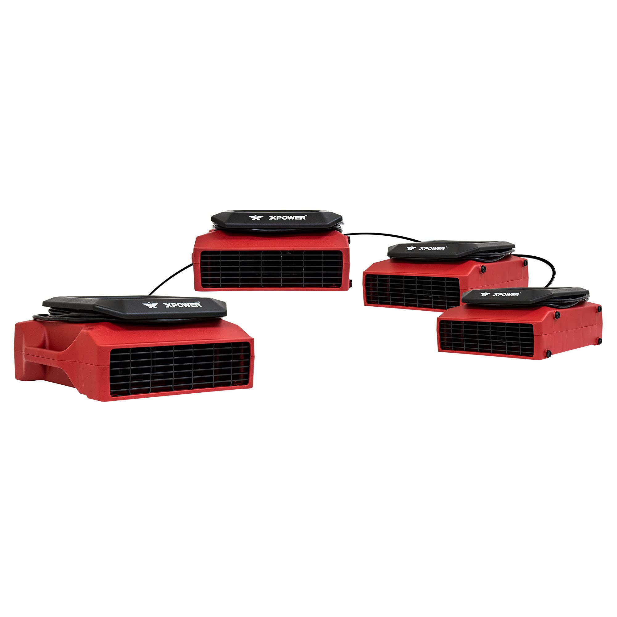 XPOWER PL-700A Low Profile Air Mover Fan - 1/3 HP, 1050 CFM, 3 Speed Adjustable, Red - Professional Carpet Dryer & Water Damage Restoration Blower with Power Outlets - Ideal for Commercial Cleaning, Plumbing, Flood Repair & Home Use