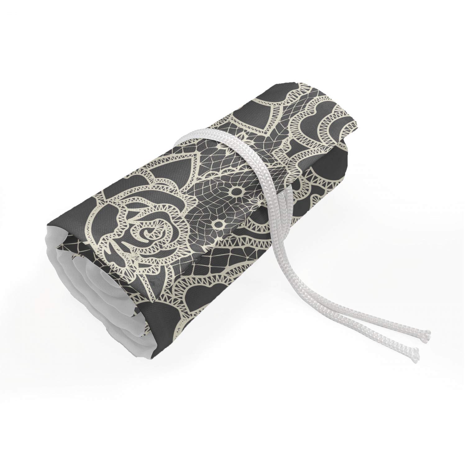 Ambesonne Vintage Roll Up Pencil Holder - Ornate Romantic Roses & Lace Design for Artists & Students - 72 Loop Dark Taupe Cream Pencil Case - Perfect for Painting, Drawing & School Supplies Organization