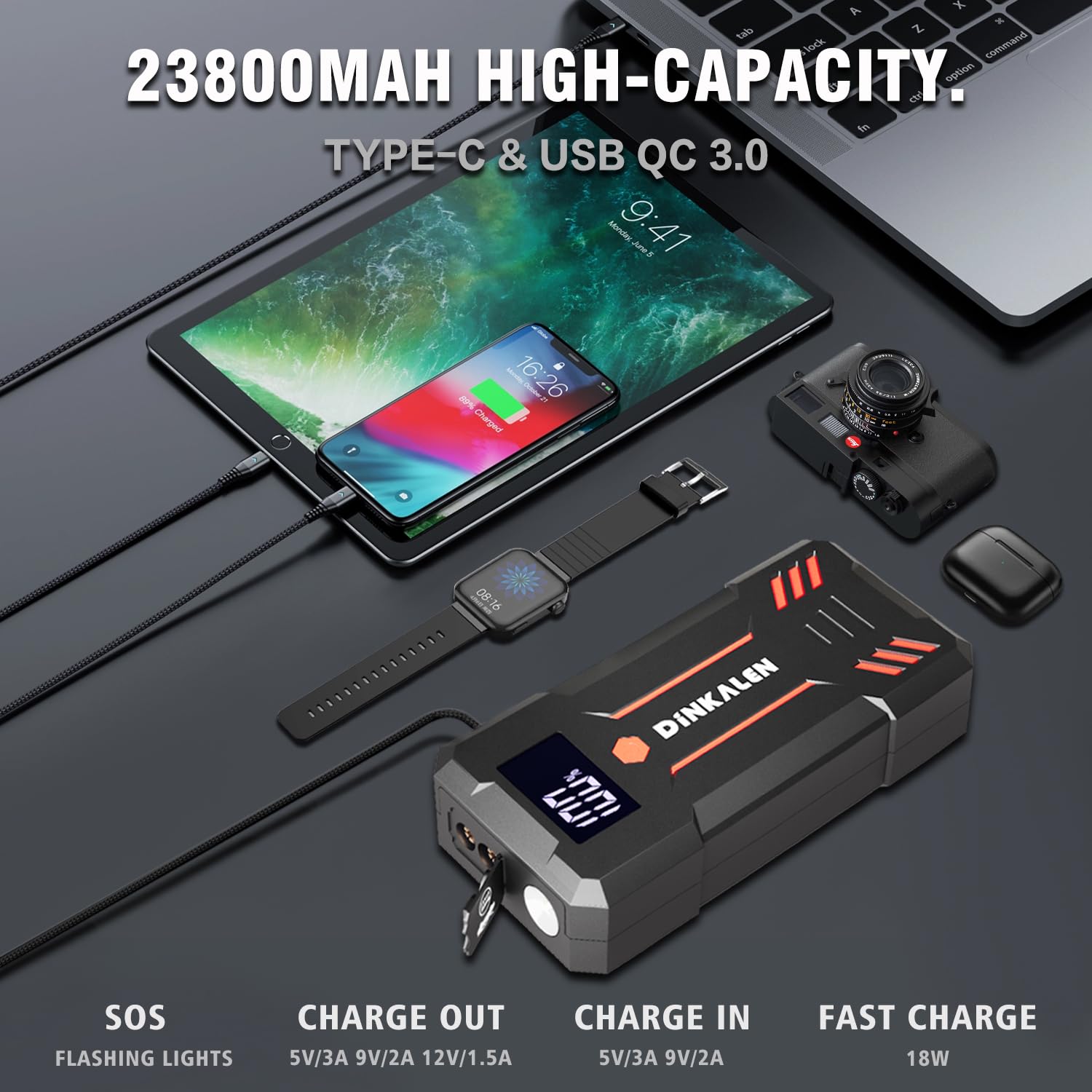 3000A Portable Car Battery Jump Starter - 12V Jump Box for All Gas & Up to 8L Diesel Engines | Emergency Vehicle Battery Booster with Safety Jumper Cables, Fast Charging & LED Lights | Perfect for Roadside Emergencies, Winter Starts & DIY Auto Repairs