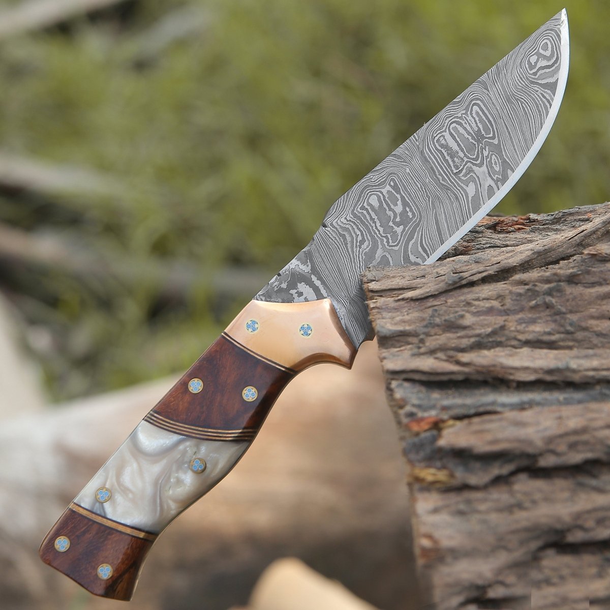 Premium Damascus Steel Hunting Knife with Mother of Pearl Inlay, Exotic Rosewood & Copper Handle - Perfect for Outdoor Adventures, Camping, and Survival Gear