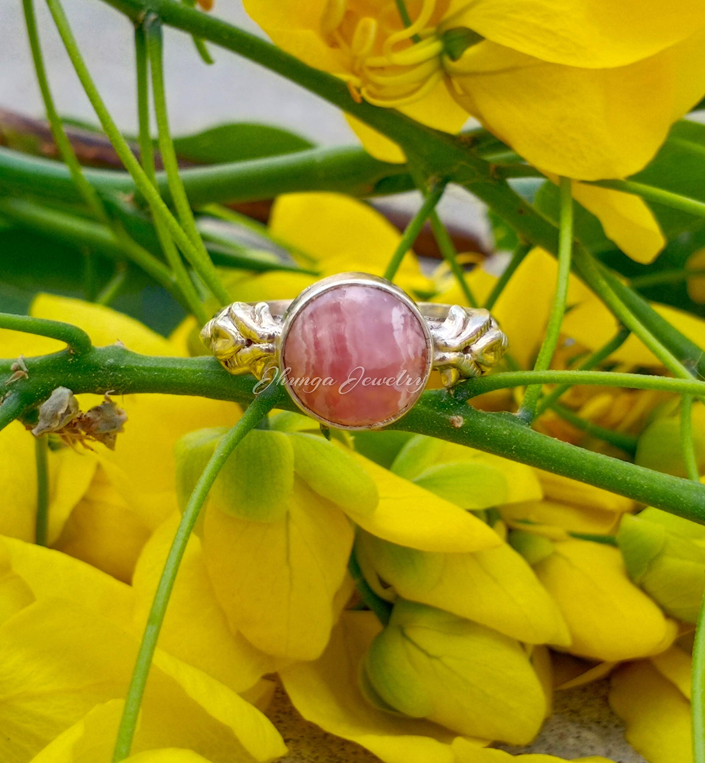 Rhodochrosite Ring for Women - 925 Sterling Silver Boho Statement Ring with Round Gemstone | Promise Ring, Dainty Jewelry Gift for Her | Perfect for Weddings, Anniversaries & Special Occasions