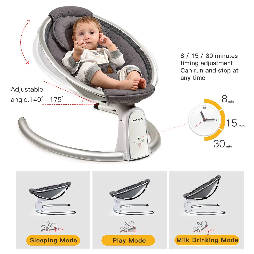 Smart Bluetooth Baby Swing with Music Speaker - Automatic Electric Baby Bouncer & Rocker for Infants - LED Touch Screen, Intelligent Timing - Perfect for Nursery, Daycare & Home Use (Grey)