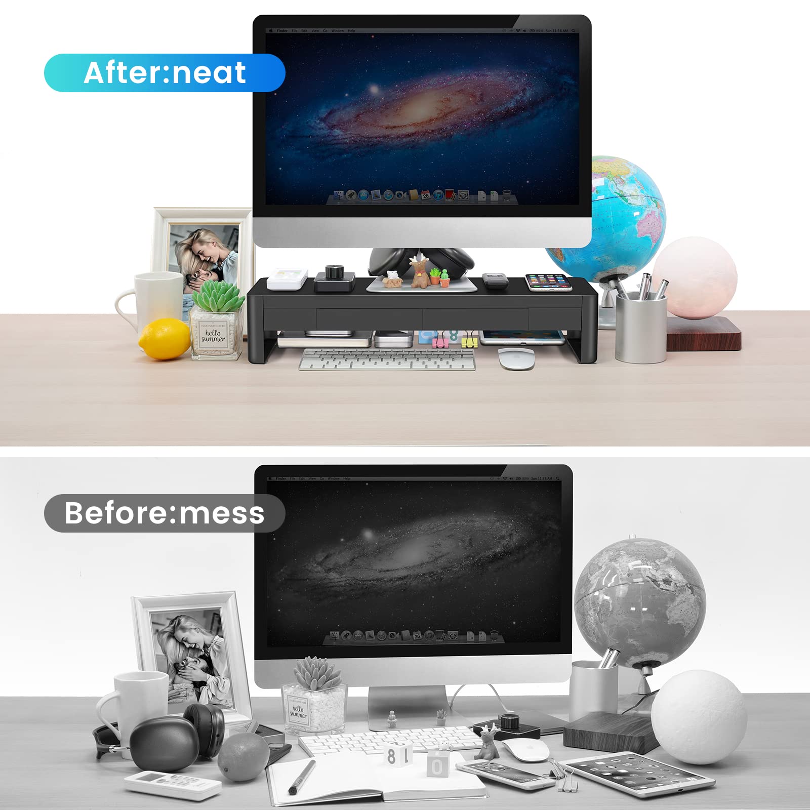2-in-1 Metal Monitor Stand with Storage Drawers & 4 USB Hub - Adjustable Computer Riser for PC, Laptop, iMac - Perfect Desk Organizer for Home Office & Workspace