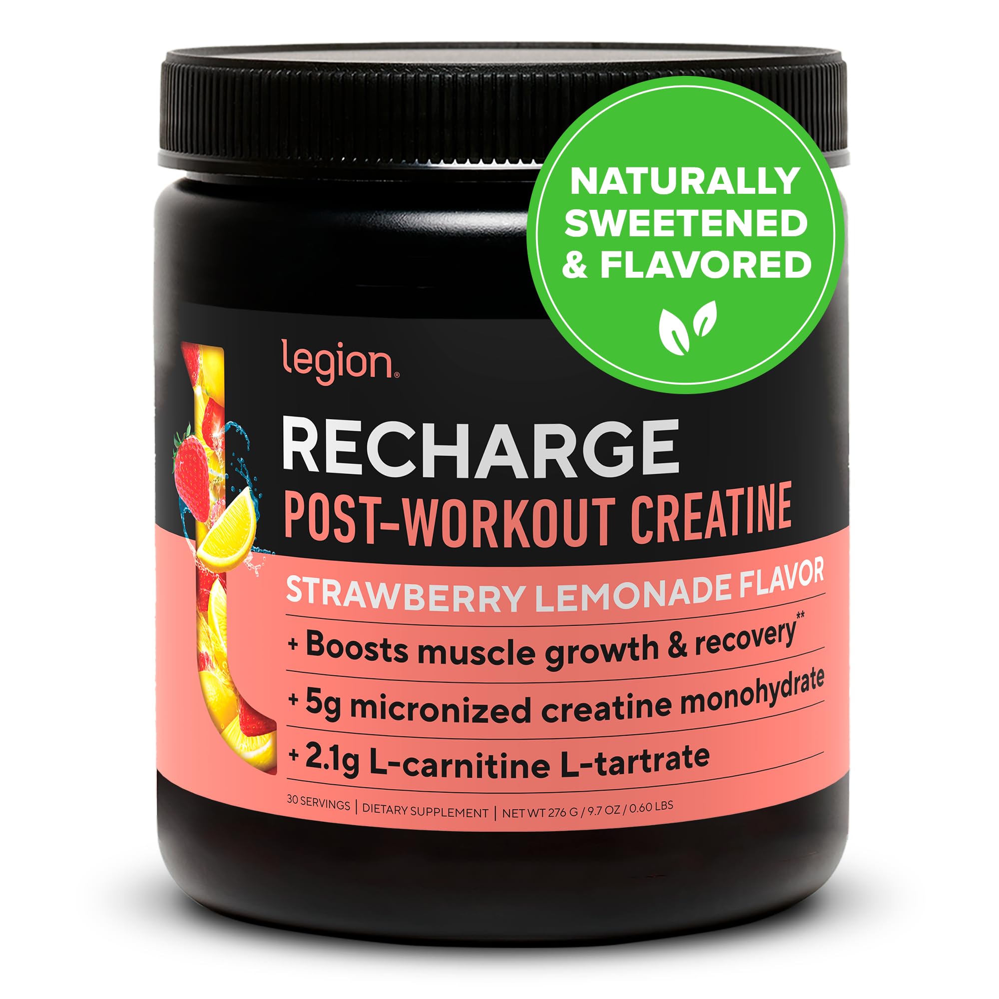 LEGION Recharge Post Workout Drink with Micronized Creatine Monohydrate - Natural Muscle Recovery & Growth Supplement - Strawberry Lemonade Flavor (30 Servings) | Ideal for Gym Enthusiasts & Athletes for Post-Exercise Recovery