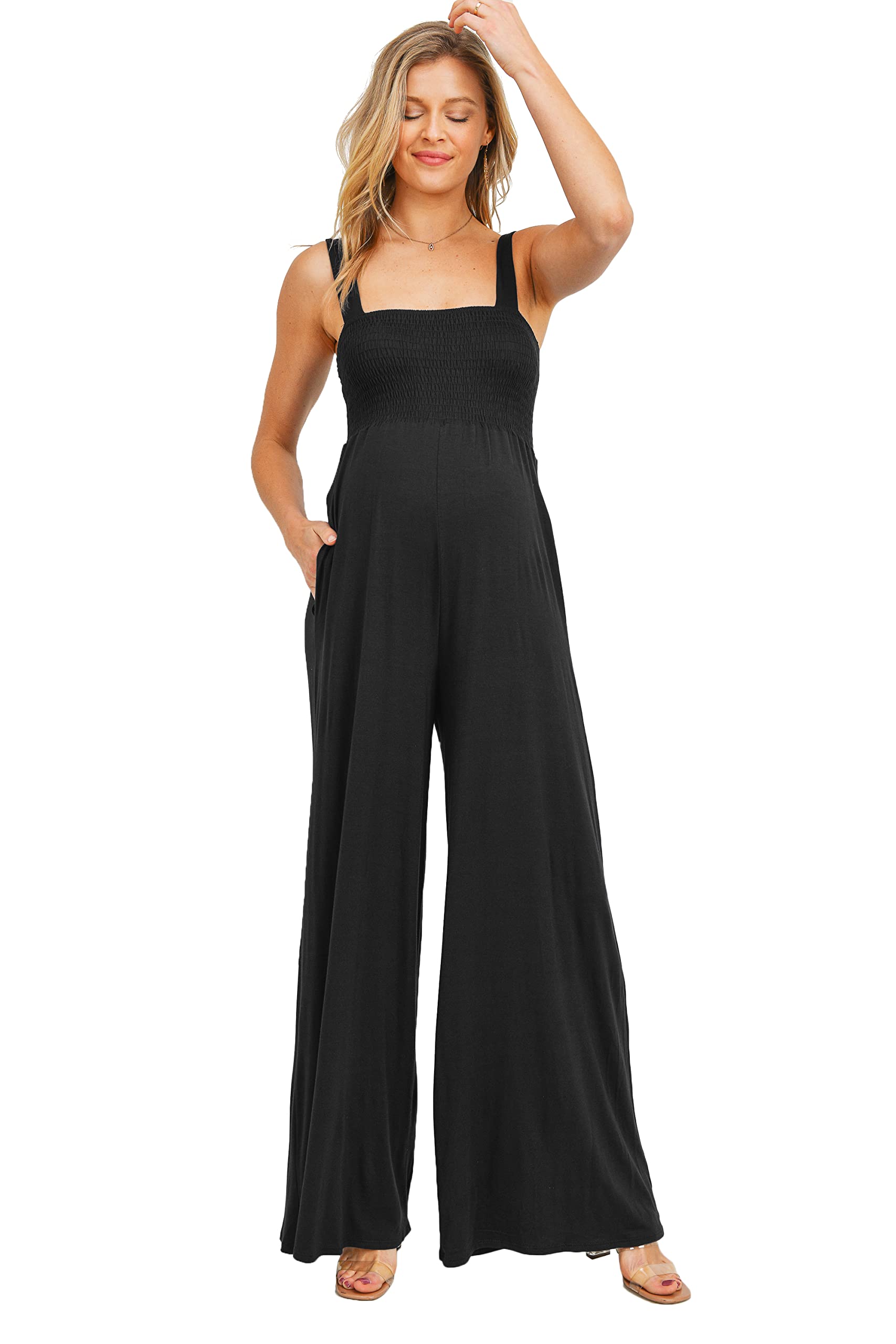 Stylish Women's Maternity Sleeveless Jumpsuit Romper - Smocked Neck & Pockets - Comfortable Pregnancy Outfit for Summer, Travel & Photoshoots
