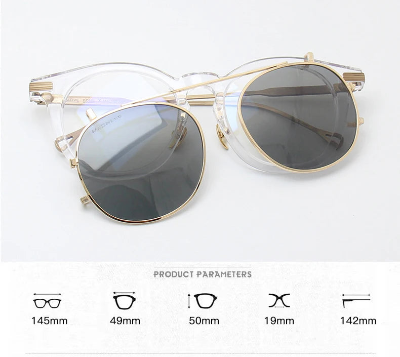 Stylish Unisex Black Acetate Round Full Rim Eyeglasses with Clip-On Polarized Sunglasses - Perfect for Outdoor Activities, Driving, and Fashion Accessories