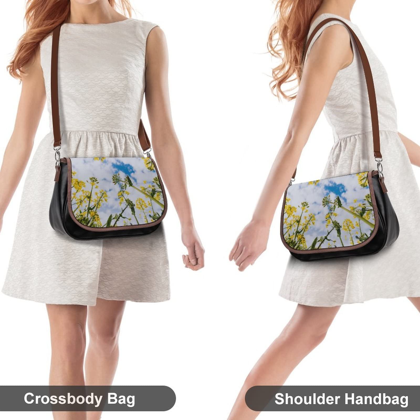 Vintage Leather Crossbody Bag for Women - Medium Hobo Shoulder Bag with Yellow Cole Blossoms Print | Perfect for Everyday Use, Travel & Casual Outings