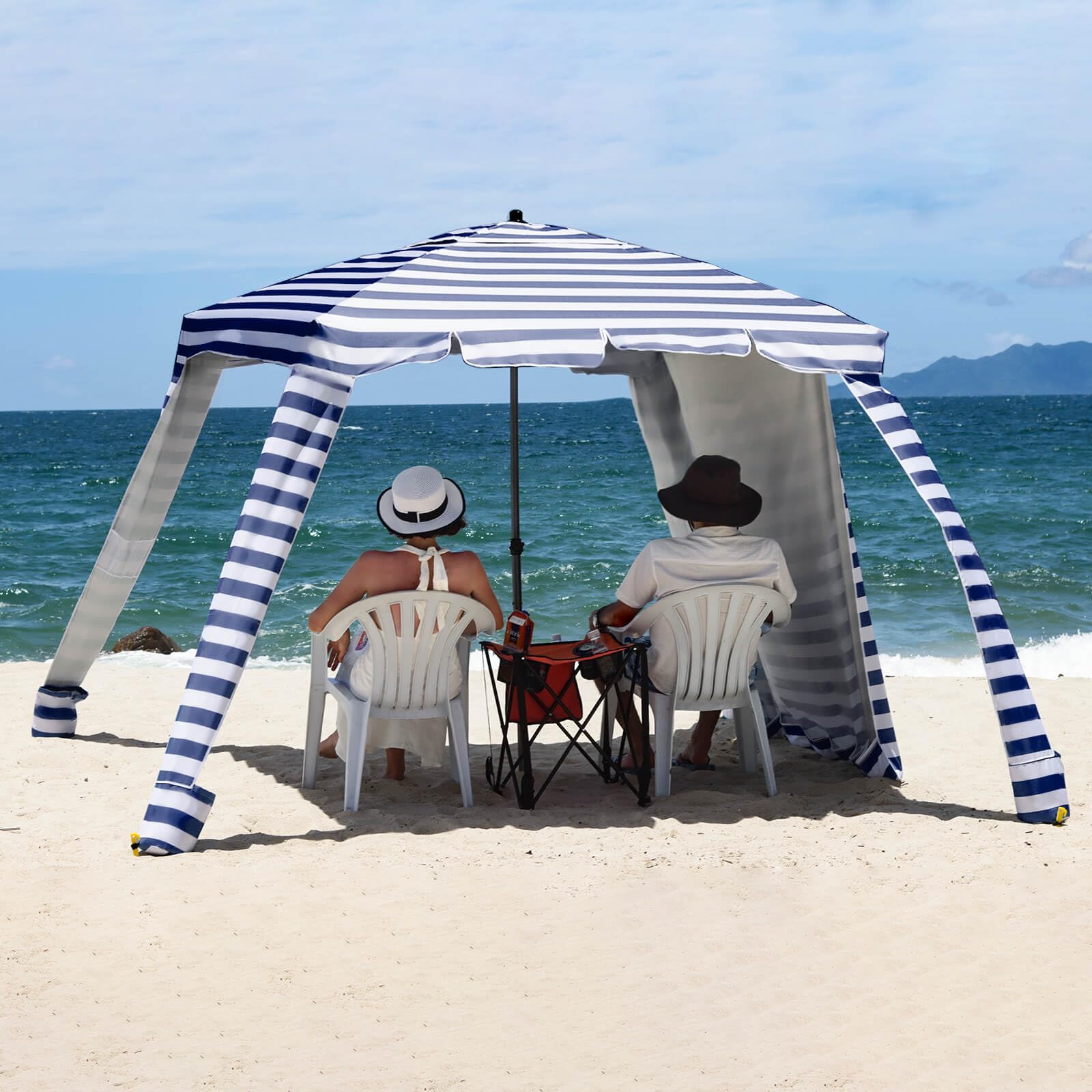 UPF 100+ UV Protection Beach Cabana Tent with Foldable Camping Table - 6' x 6' Portable Canopy Shelter, Waterproof Fabric & Attachable Walls for Easy Setup - Perfect for Family Beach Trips, Camping, Picnics & Outdoor Events (Navy Blue)
