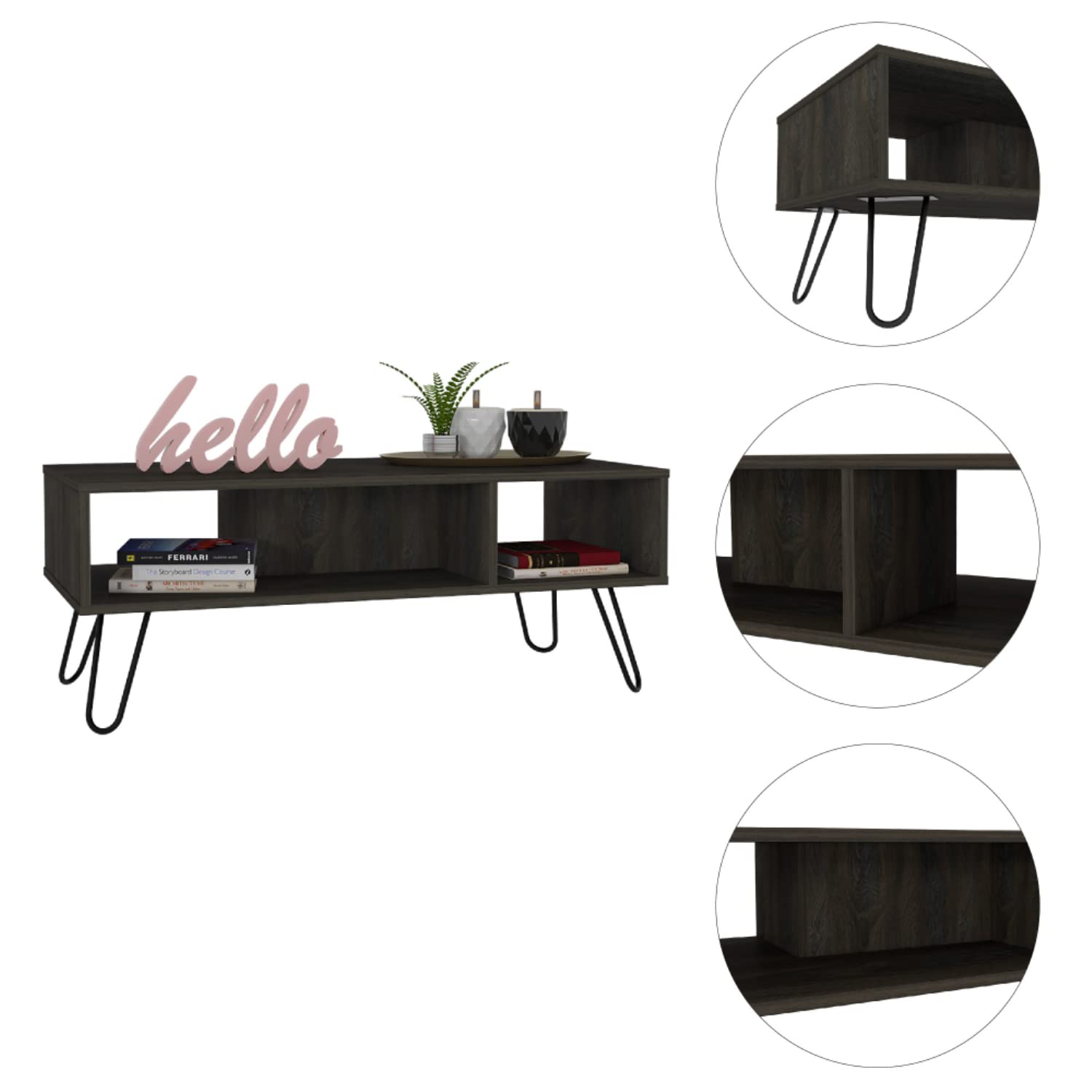 Vassel Modern Espresso Coffee Table with 4 Sturdy Legs & 2 Spacious Shelves - Perfect for Living Room, Lounge, or Office Decor
