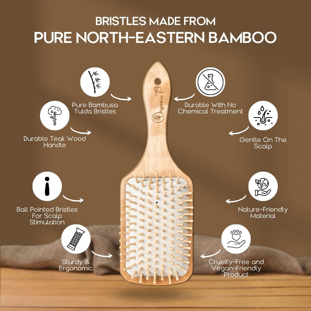 Organic Bamboo Hair Brush for Women & Men - Detangling & Anti-Frizz Paddle Brush for Blow Drying, Hair Growth & Curly Hair - Medium Size | Perfect for Salon Styling, Home Use & Travel