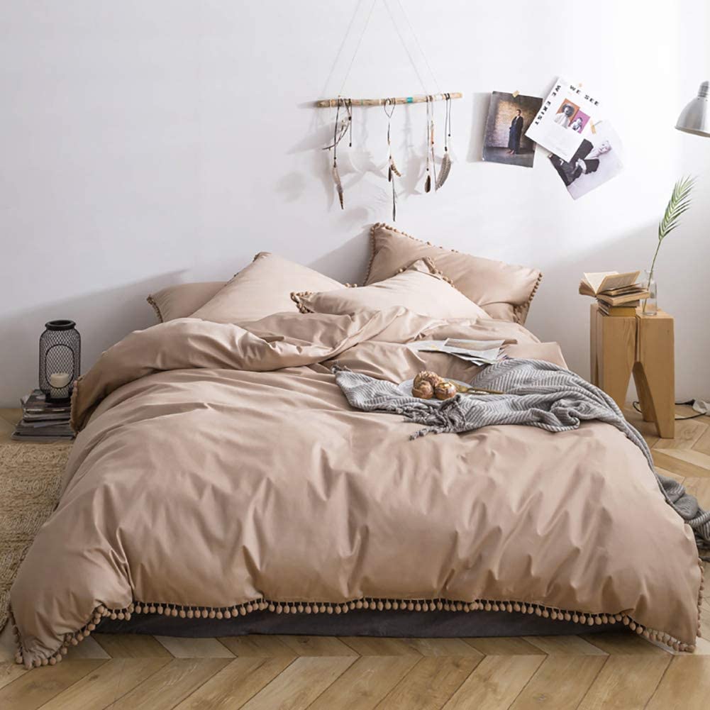 YQJYMFZ 100% Cotton Ball Pom Fringe Duvet Cover Set - Queen Size with Hidden Zipper, Breathable Tassel Bedding for Boho Chic Bedroom Decor | Perfect for Guest Rooms, Master Bedrooms & Cozy Home Styling