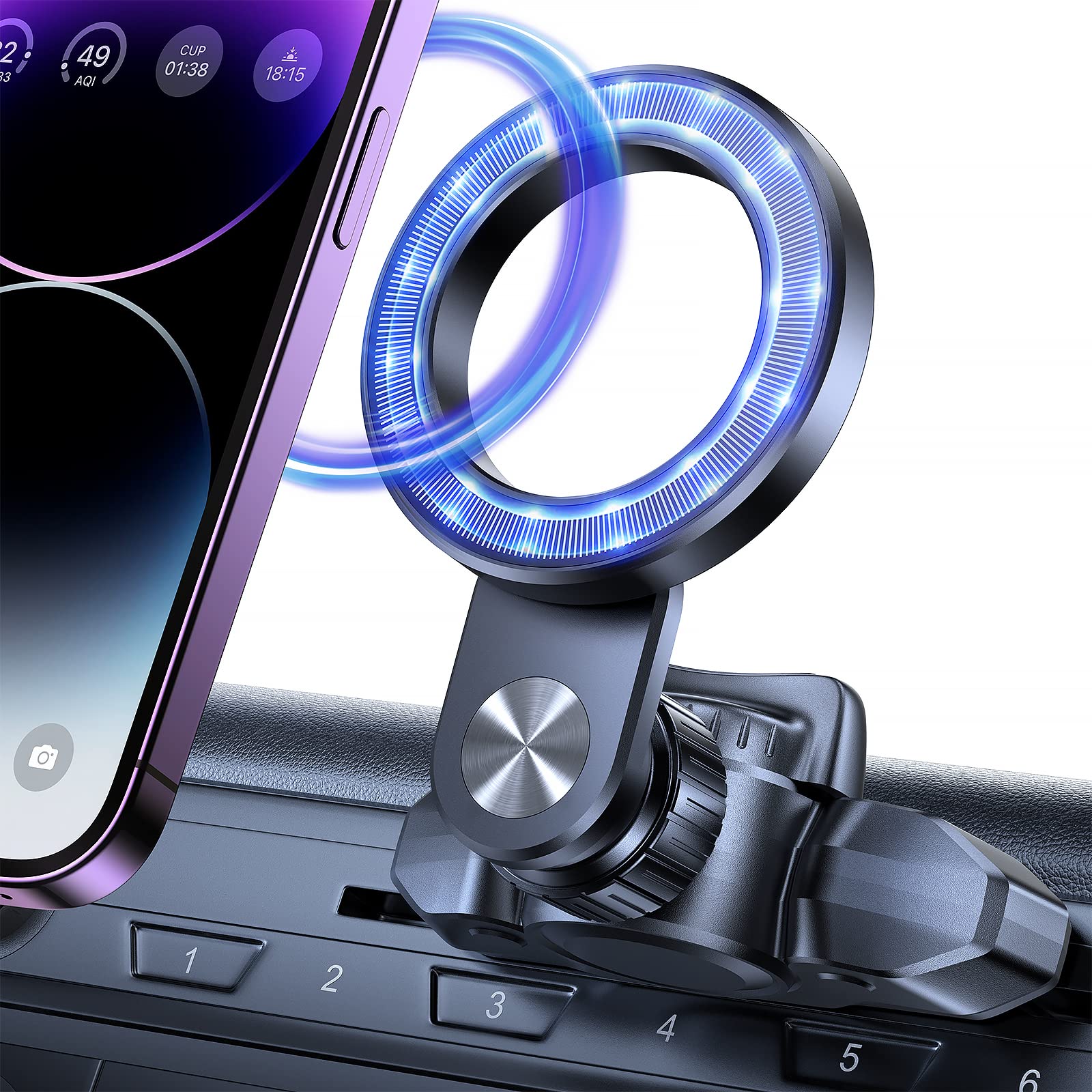 OQTIQ Magnetic Phone Holder for Car - Hollow Ring Design CD Slot Mount Compatible with iPhone 16/15/14/13 Pro Max/Mini/Plus & MagSafe Cases - Perfect for Hands-Free Driving & Navigation
