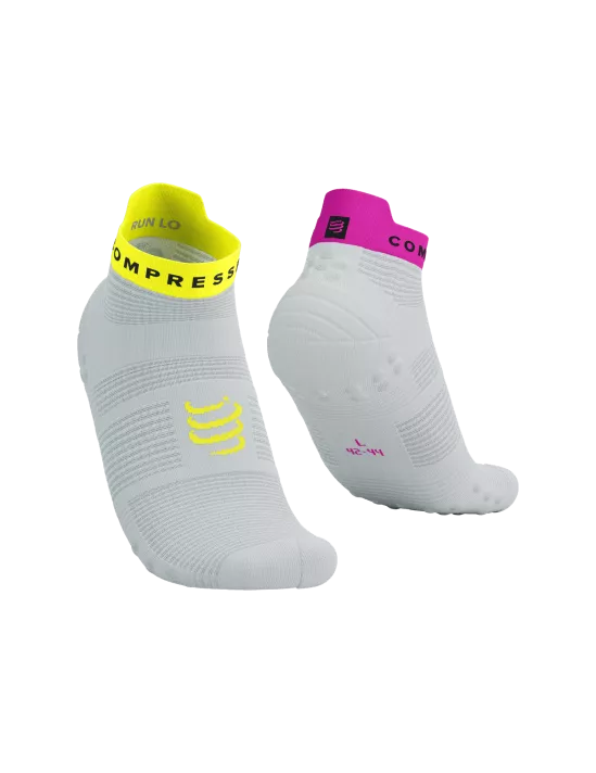 Compressport Unisex Pro Racing Socks v4.0 - Performance Running Socks for Men & Women - Breathable, Cushioned, Low Cut - White/Safe Yellow/Neo Pink - Ideal for Marathon, Trail Running & Workouts