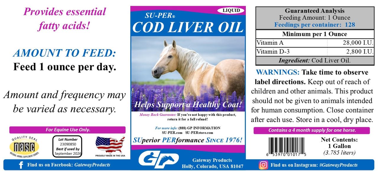 Premium Cod Liver Oil for Horses - Omega 3, Vitamin A & D Supplement for Healthy Skin & Shiny Coat - Essential Fatty Acids for Equine Health - 1 Gallon (4 Month Supply) - Ideal for Daily Nutrition & Show Horse Care