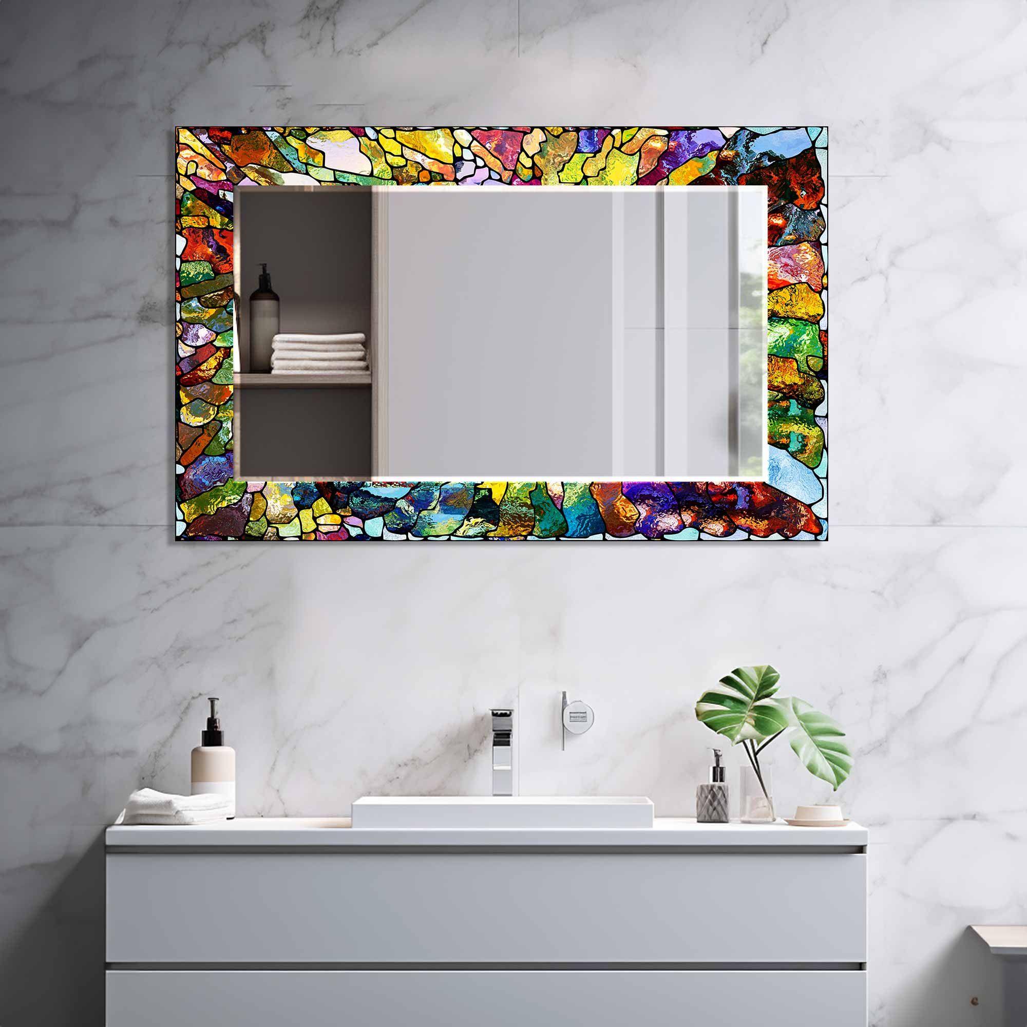 Vibrant Stained Glass Effect Tempered Mirror - Shatterproof Decorative Wall Mirror for Home Decor, Bathroom, Living Room & Bedroom