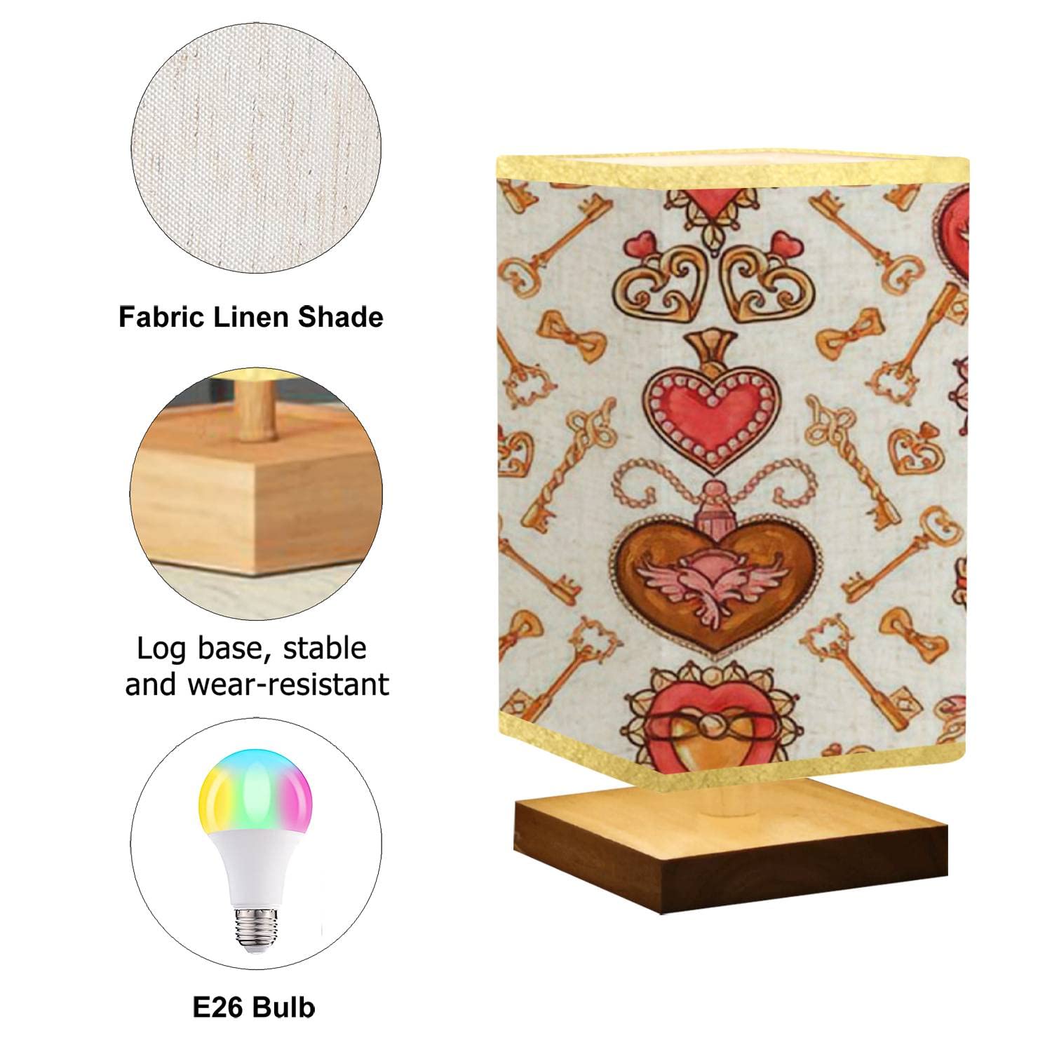 Valentine's Day Square Bedside Table Lamp with Hand-Drawn Hearts & Keys Design, Wooden Base & Flaxen Fabric Shade, Dimmable Nightstand Lamp for Bedroom, Living Room - Perfect for Romantic Decor, Cozy Reading & Ambient Lighting